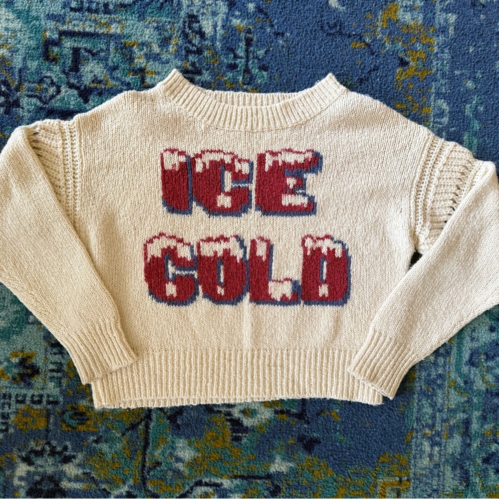 Wildfox Women’s “Ice Cold” Sweater, Sz. XS, Cream/Beige w/ Red Blue, EUC! RARE!